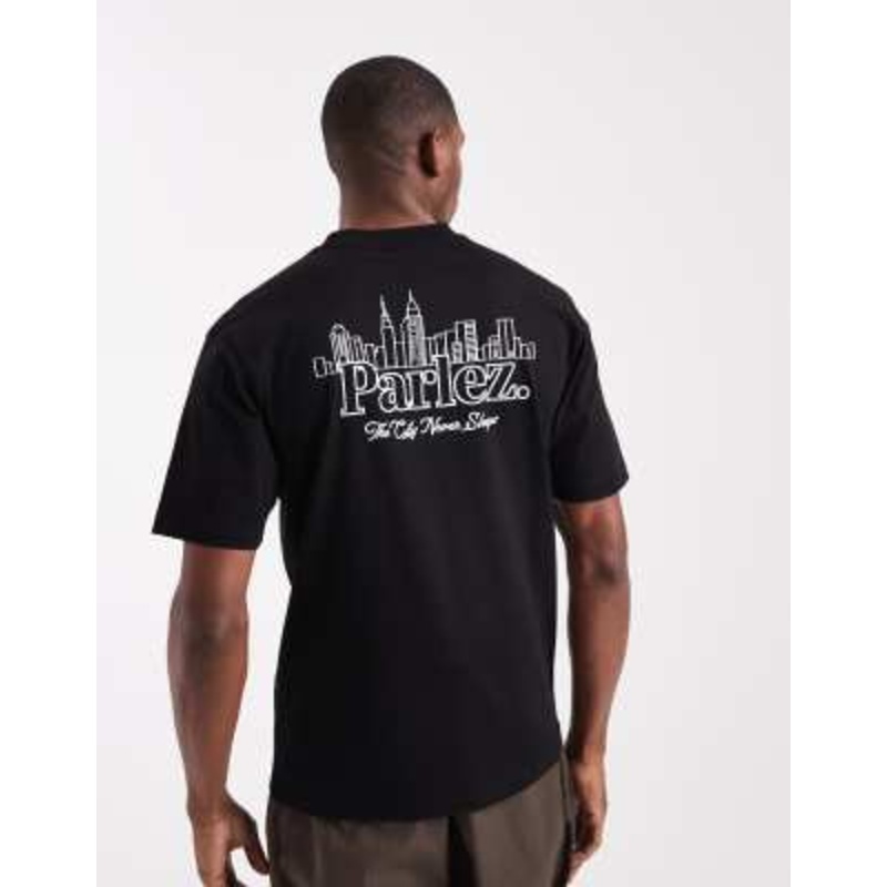 Parlez cityscape graphic logo t-shirt with back print in black