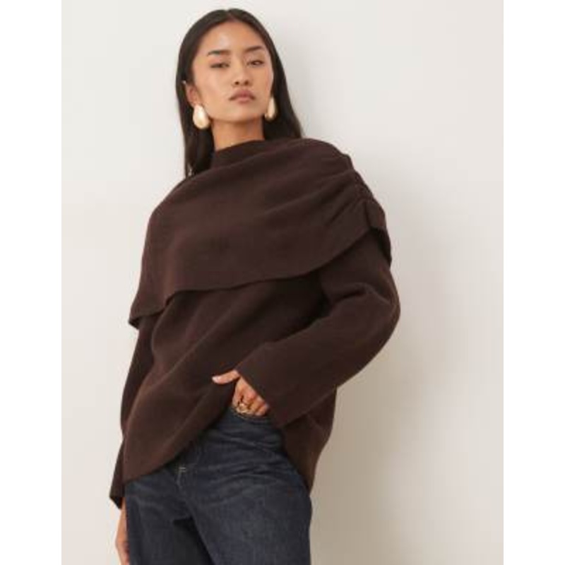Pretty Lavish knit ruched shoulders cape detail sweater in chocolate brown