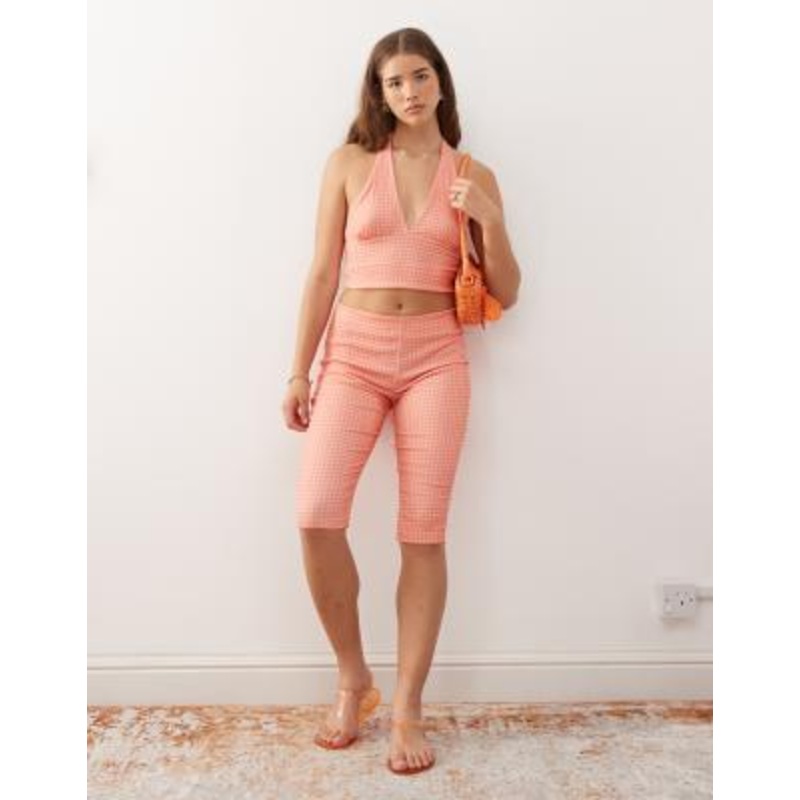 Reclaimed Vintage gingham print crinkle textured capri pants in orange – part of a set