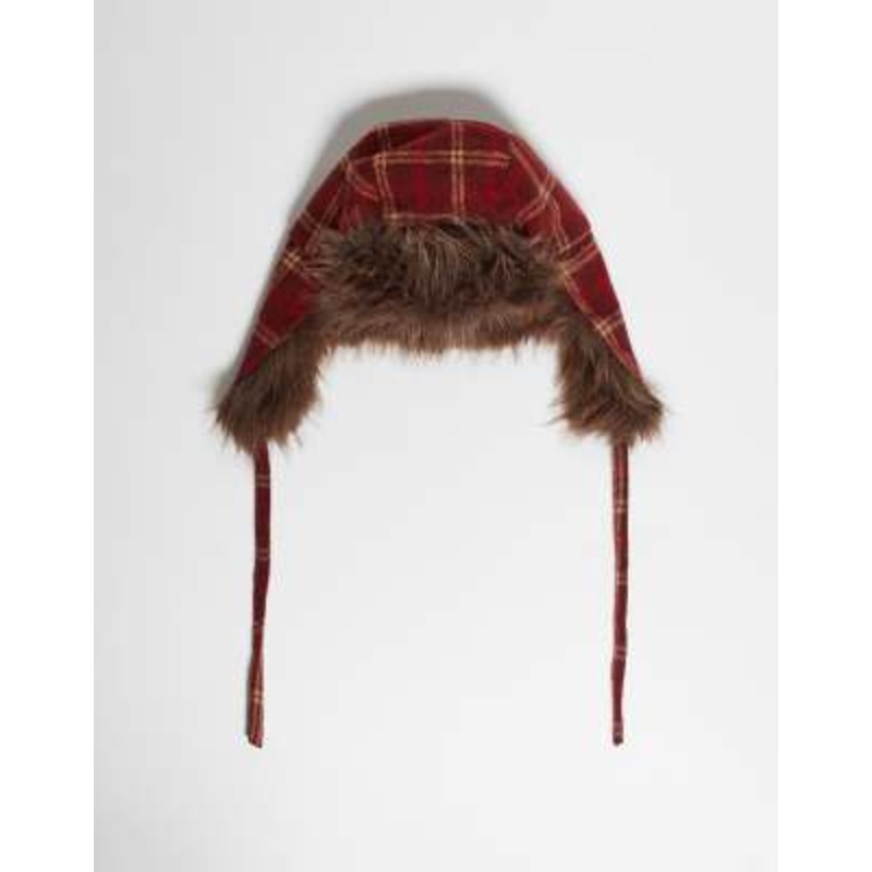 Reclaimed Vintage Unisex trapper hat in red plaid with brown faux fur