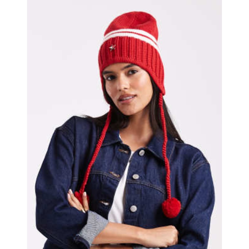 Tommy Jeans Tommy Girl chunky knit hat with pom-pom ties in red