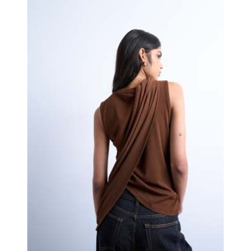 Topshop asymmetric one sleeve cape detail top in chocolate