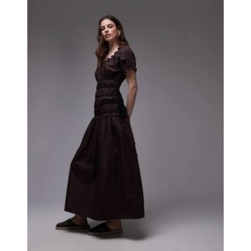 Topshop cap sleeve shirred dress with tie sides in brown with contrast black ties