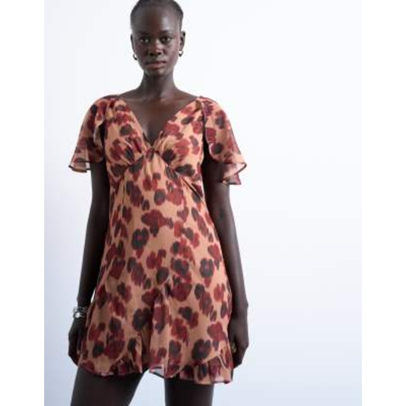 Topshop cape sleeve godet hem mini dress in modern print