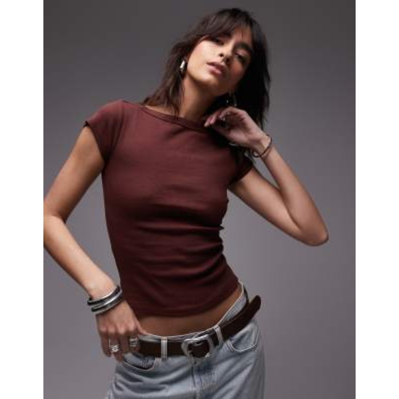Topshop jersey slash neck cap sleeve top in burgundy