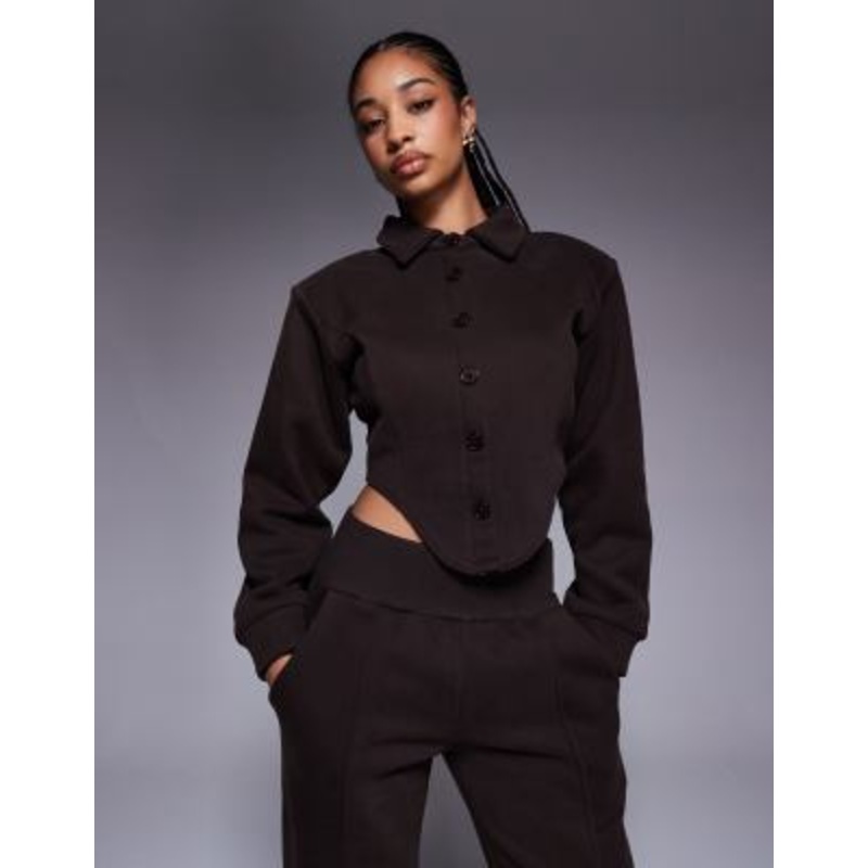 Wanderdoll Hattie cotton blend tailored collared corset detail shirt in chocolate – part of a set