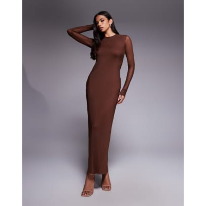 AFRM Didi long sleeve mesh midaxi dress in cappuccino