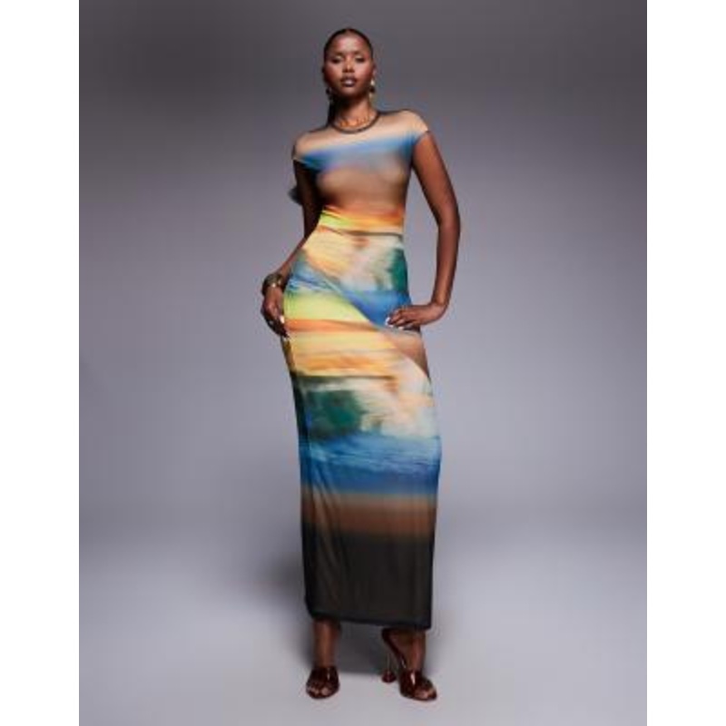 AFRM power mesh cap sleeve midaxi dress in ocean ombre print