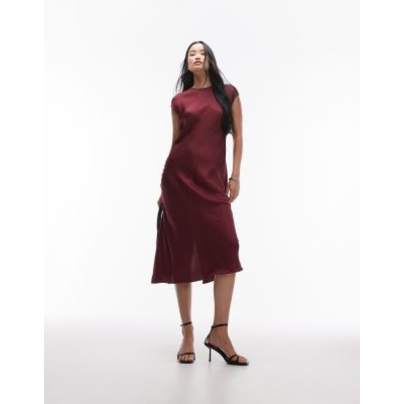 ARKET cap sleeve satin midaxi dress in burgundy