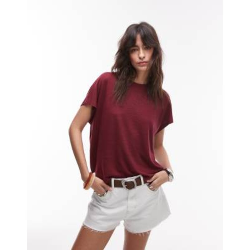 ARKET linen blend T-shirt with cap sleeves in burgundy wine