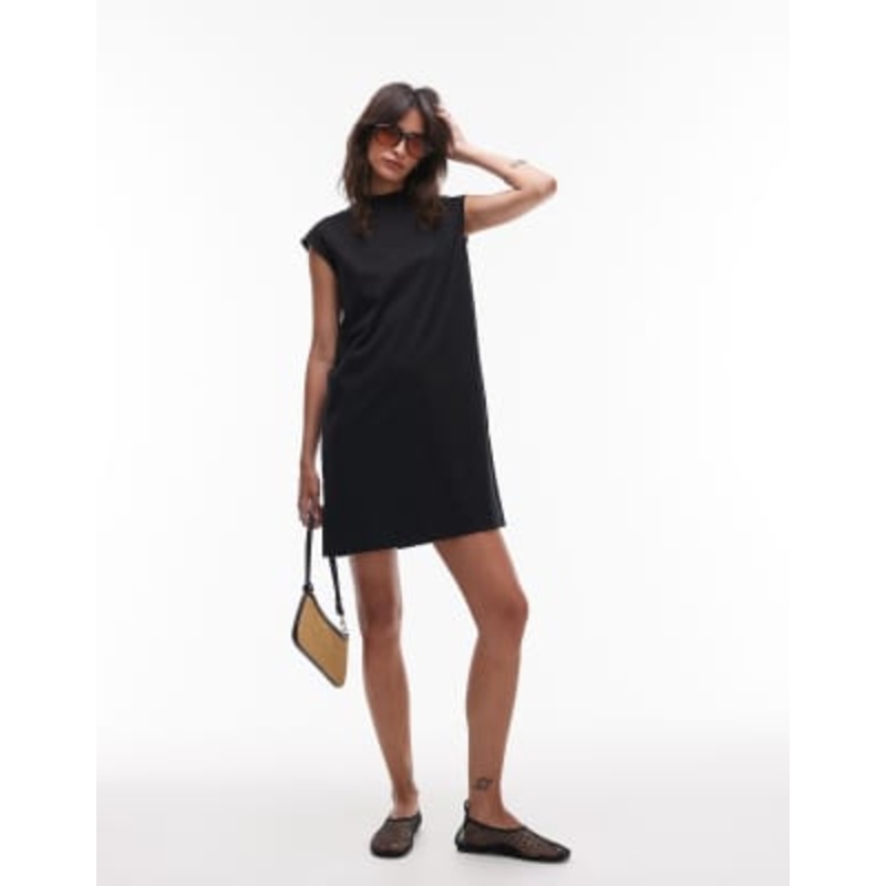 ARKET pure cotton high neck cap sleeve mini dress in black