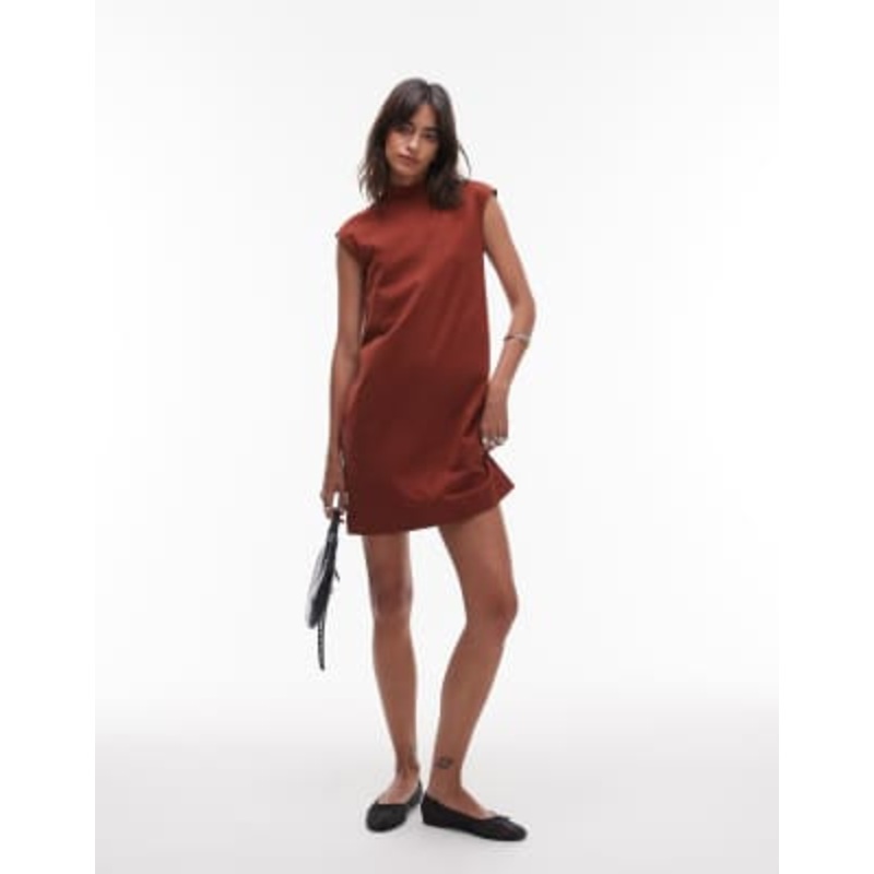 ARKET pure cotton high neck cap sleeve mini dress in rust