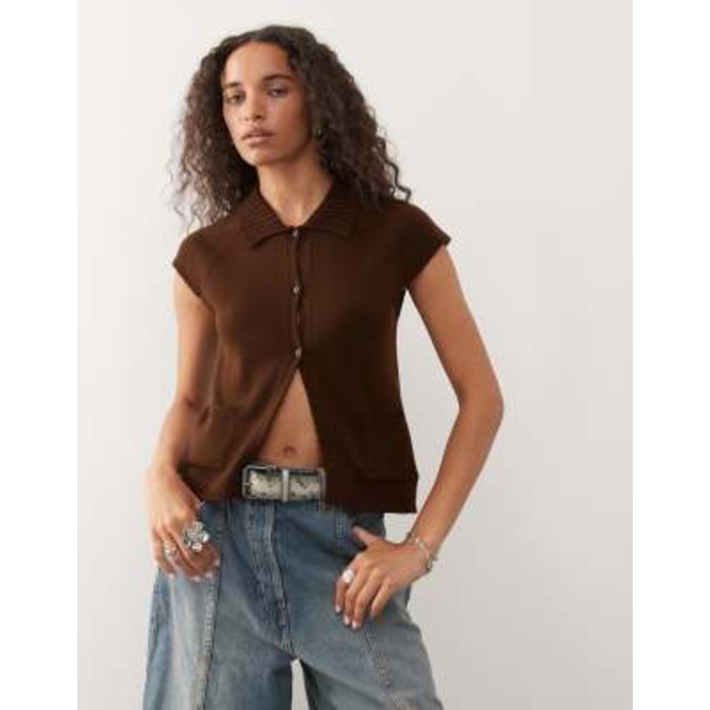 COLLUSION knit raglan cap sleeve top in chocolate