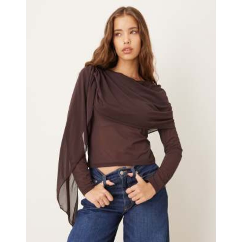 Gina Tricot long sleeve shawl drapey cape top in dark brown