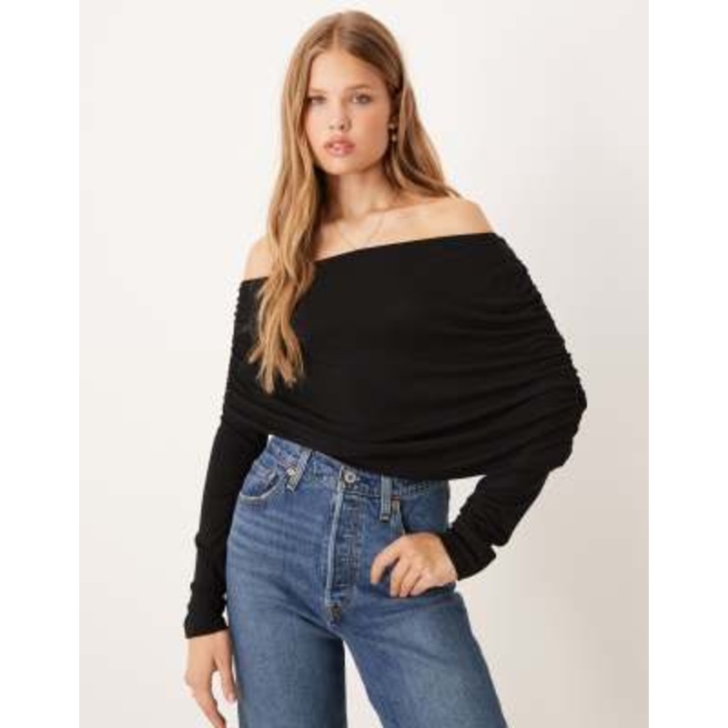 Gina Tricot long sleeve sloped drapey shoulders cape top in black