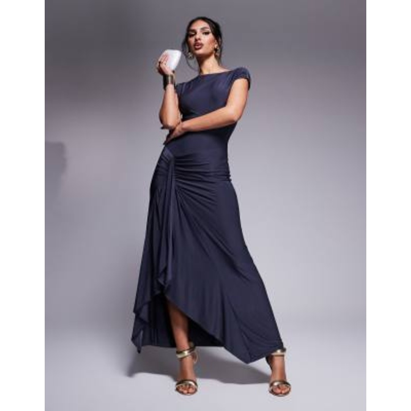 Kaiia exclusive double layered slinky cap sleeve side split drape detail maxi dress in charcoal