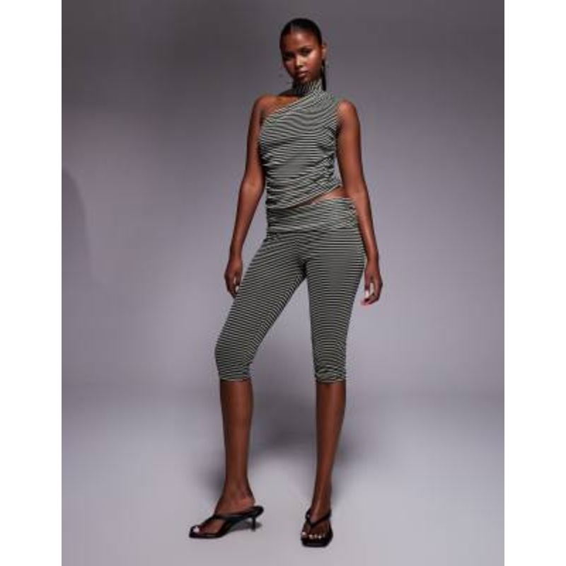 Kaiia exclusive double layered slinky mesh one shoulder scarf detail top and capri pants set in black and yellow stripes