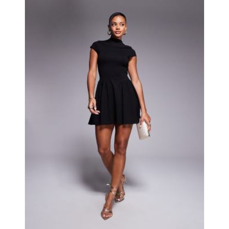 Kaiia exclusive high neck cap sleeve pleated mini dress in black