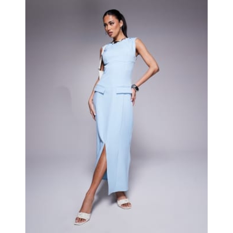 Kaiia exclusive tailored pocket detail cap sleeve slit front maxi dress in blue