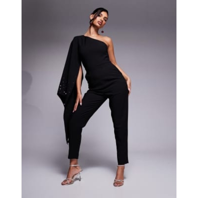 Lavish Alice ombre embellished one shoulder cape jumpsuit in black