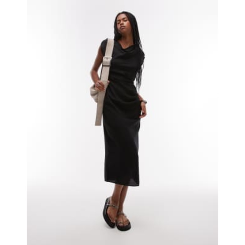 Mango cap sleeve midi dress with ruched side in black