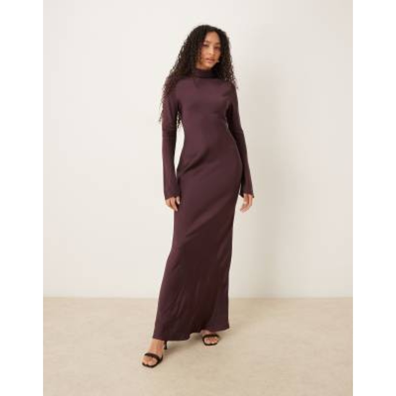Mango Capsule high neck satin bias cut maxi dress in deep plum