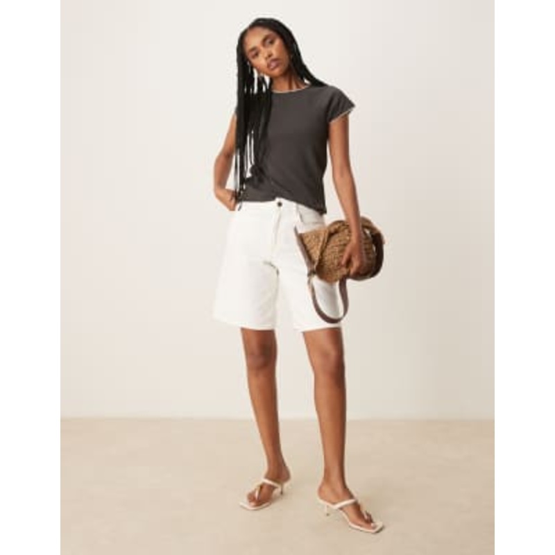 Mango contrast trim cap sleeve t-shirt in charcoal