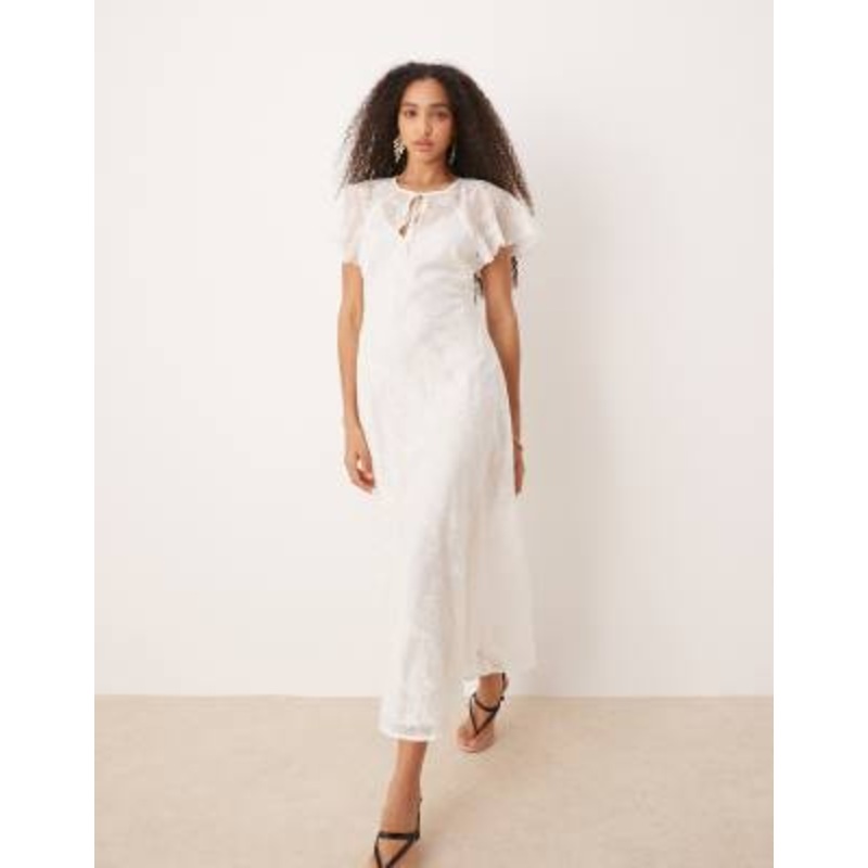 Mango embroidered lace midaxi dress with cape overlay in white