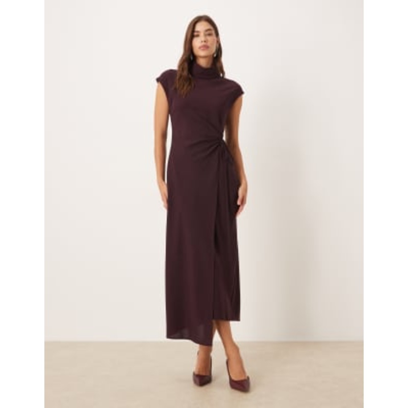 Mango high neck cap sleeve tie waist maxi dress in berry