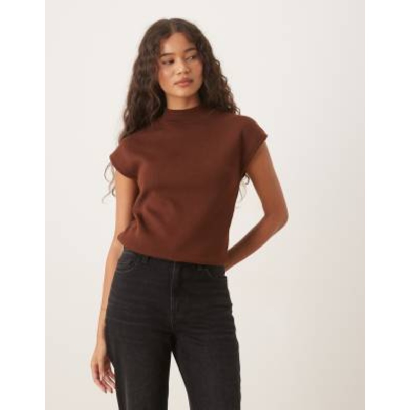 Mango knit high neck cap sleeve top in brown