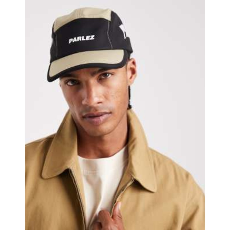 Parlez 5 panel color block logo cap in black and beige