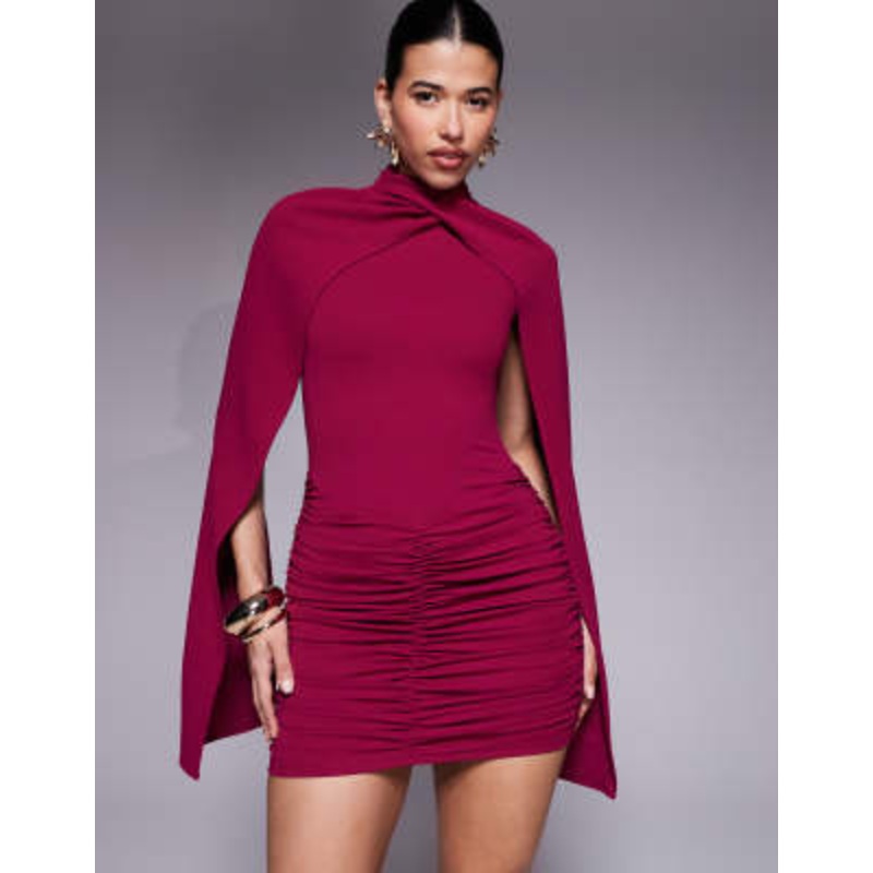 Ruched & Ready crossover high neck open cape sleeve mini dress in cerise