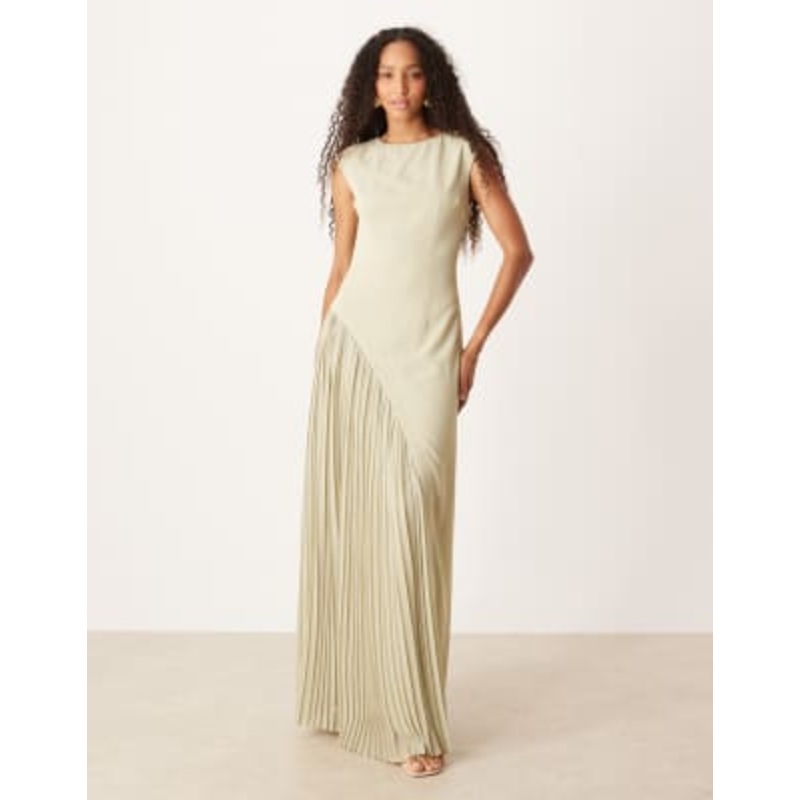 Six Stories cap sleeve pleated maxi dress in stone