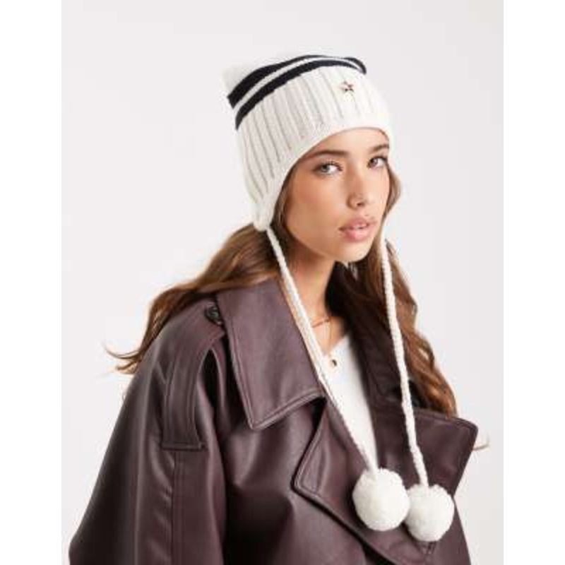 Tommy Jeans tommy girl chunky knit hat with pom ties in white