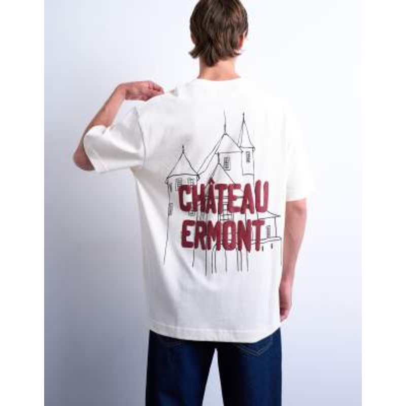 Topman relaxed Chateau Ermont applique t-shirt with back print in ecru