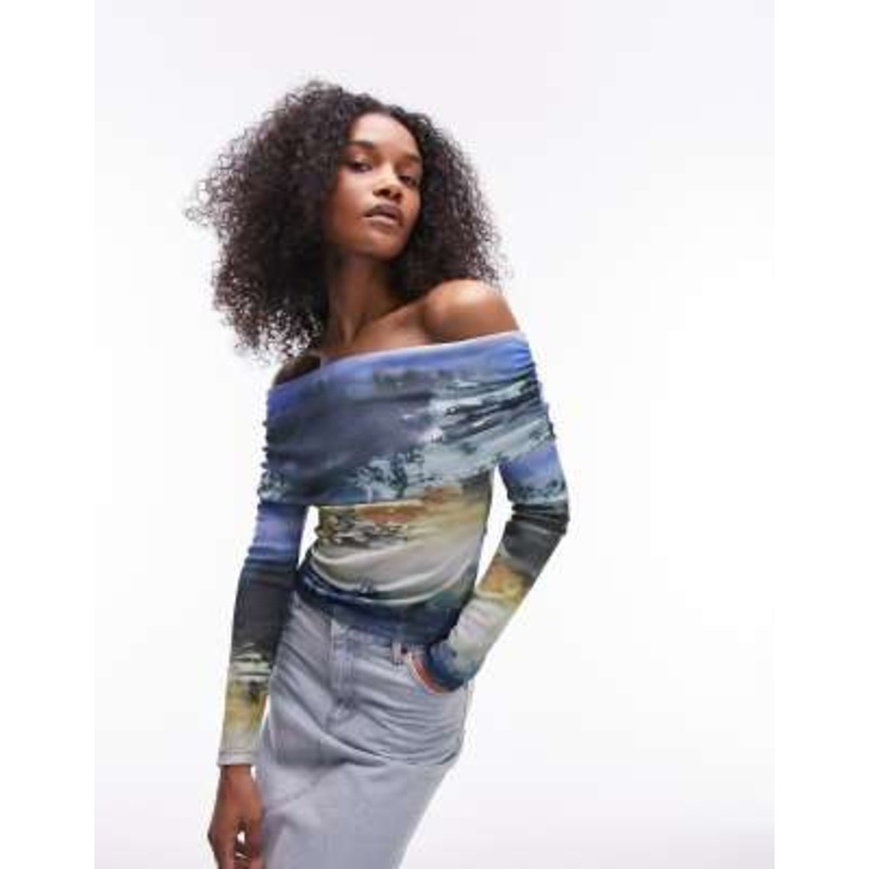 Topshop abstract floral landscape long sleeve bardot top in blue