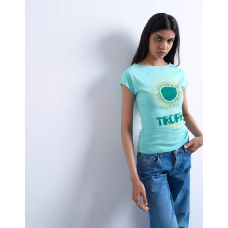 Topshop graphic Tropez cap sleeve slash neck baby tee in teal