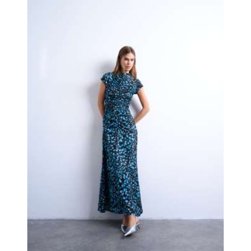 Topshop mesh polka dot cap sleeve ruched midaxi dress in blue