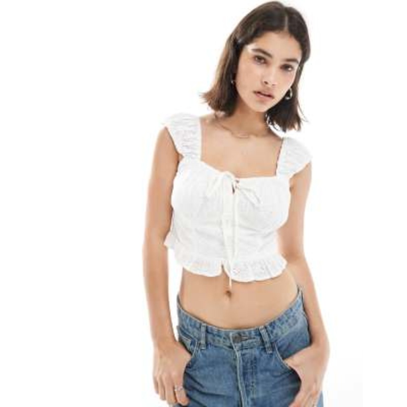 Wednesday’s Girl broderie cap sleeve cropped blouse in white