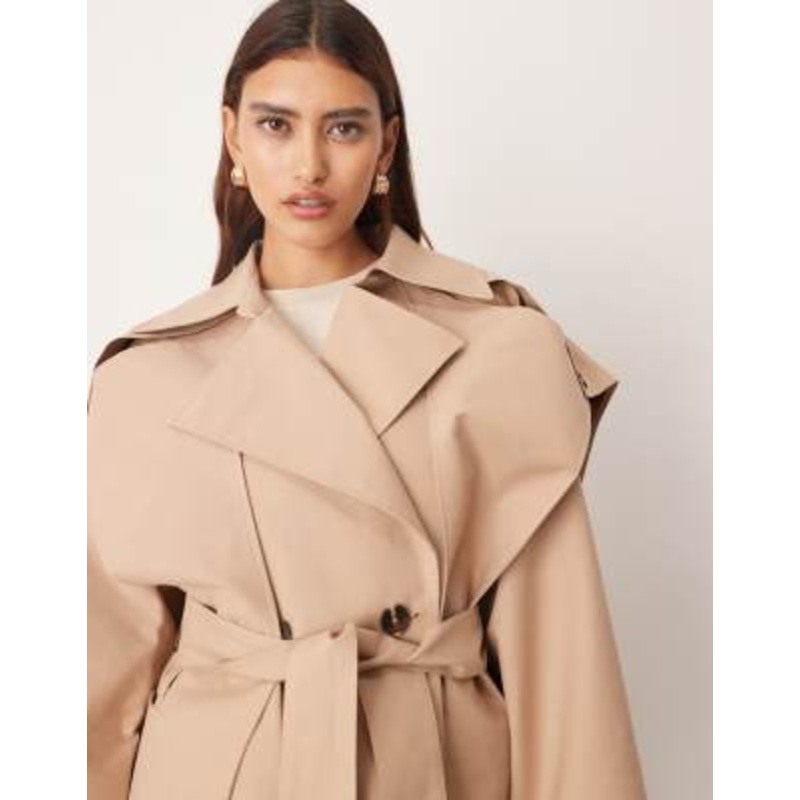 ARRANGE double breasted cropped trench coat with cape detail in tan