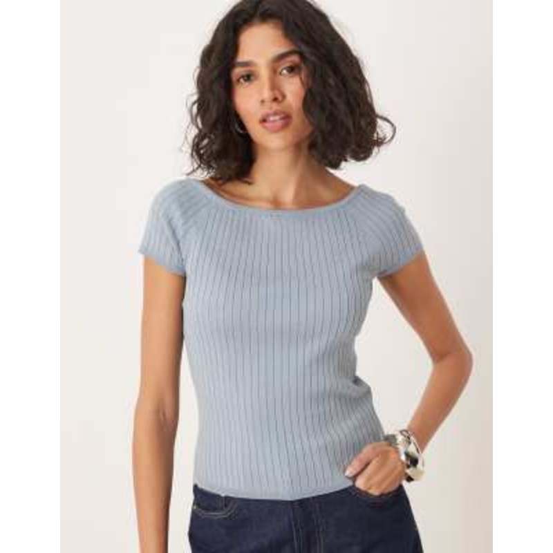 AWARE ribbed knit off shoulder capped sleeve top in dusty blue