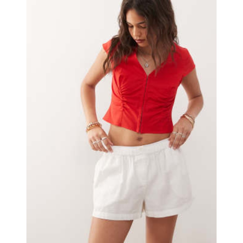 COLLUSION plunge cap sleeve top with hook and eye detail in red