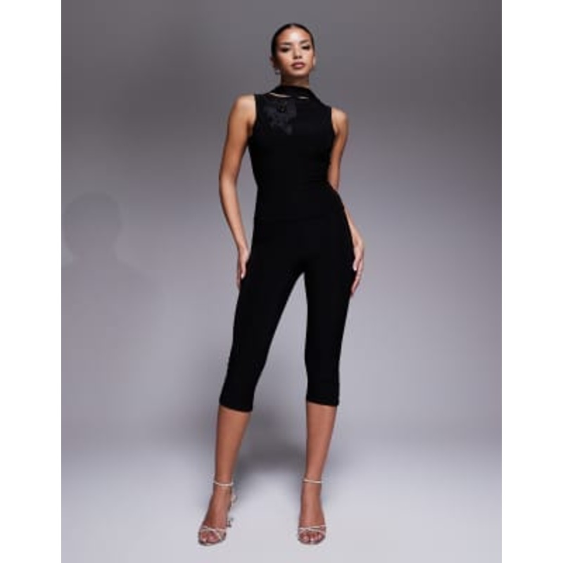 Fashionkilla double sculpted slinky sequin flower applique scarf detail low back top and capri pants set in black