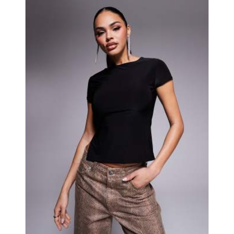 Kaiia exclusive double layered slinky cap sleeve side split top in black