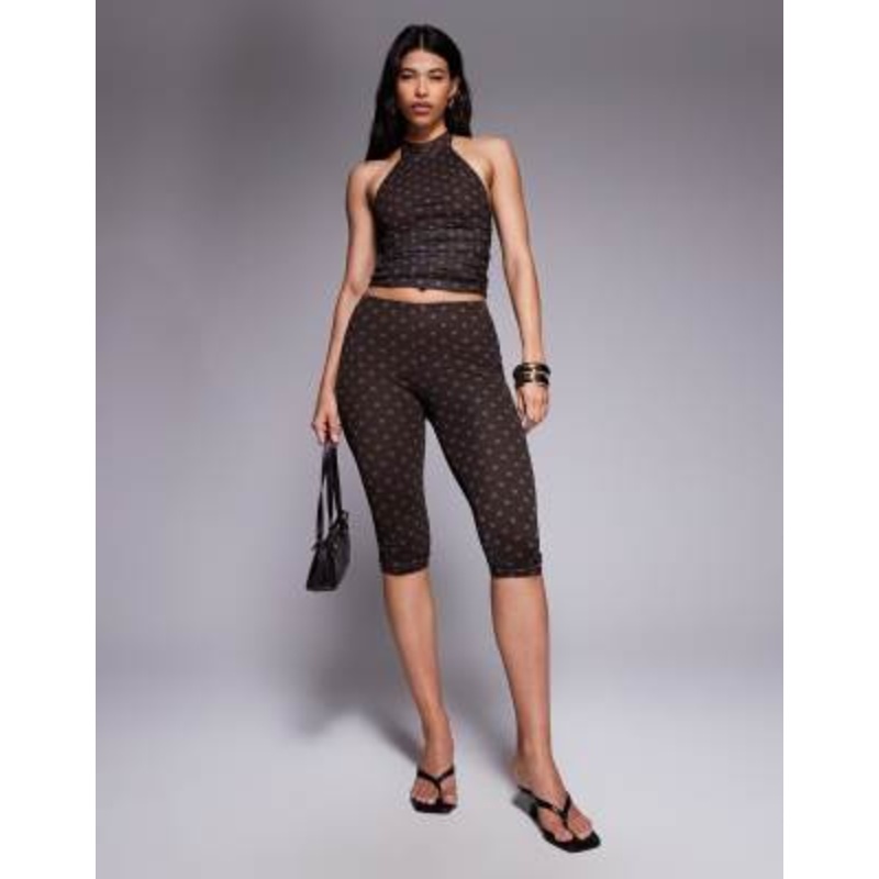 Kaiia exclusive double layered slinky mesh halterneck top and capri pants set in blue and chocolate polka dots