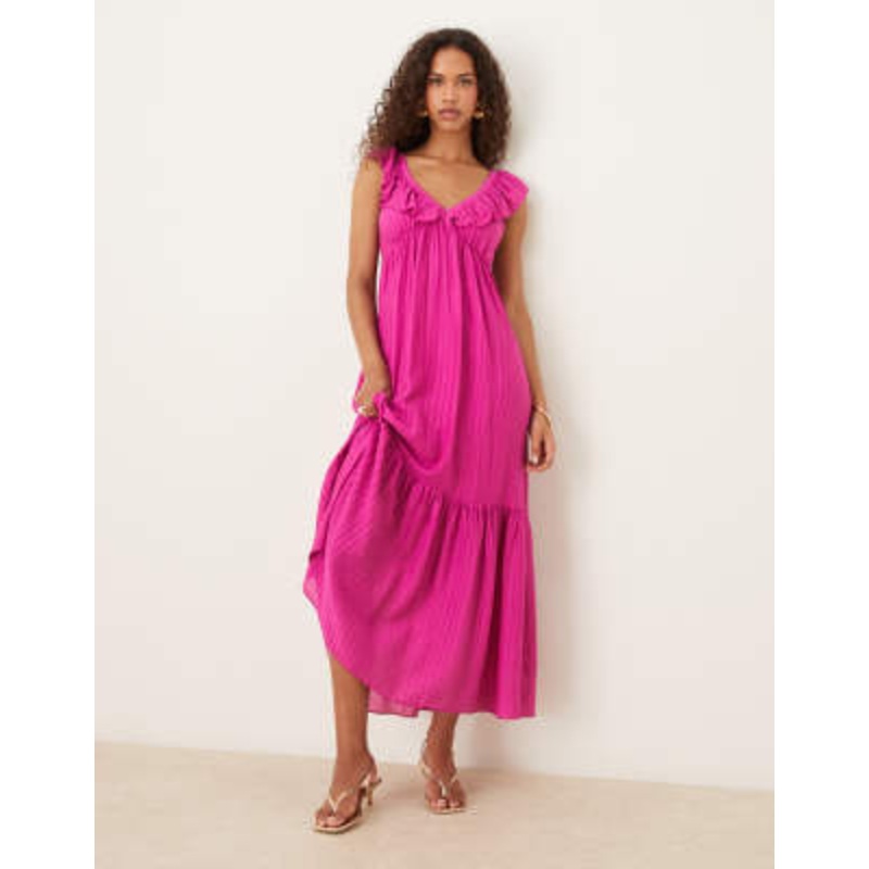 Mango cap sleeve ruffle midi dress in raspberry