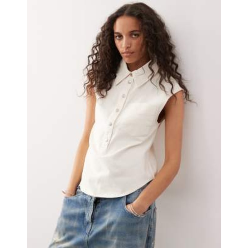 Monki cap sleeve slim shirt with curved hem detail in off white
