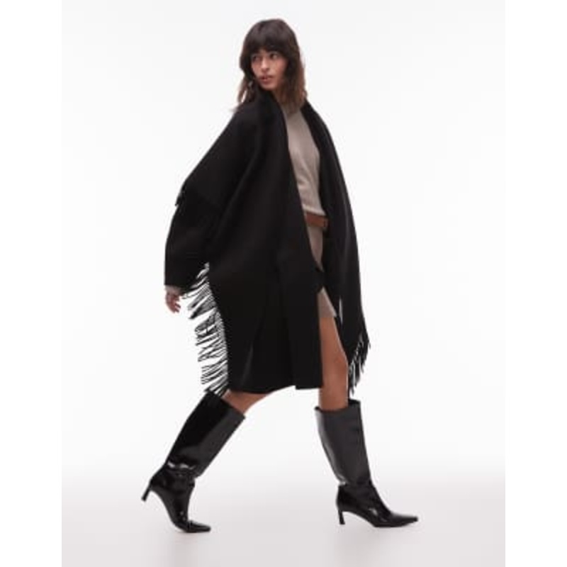 & Other Stories rich wool fringe tassel midi cape coat in black