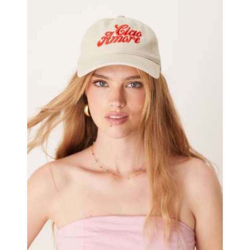 Sui Ava everyday Ciao Amore slogan cap in beige