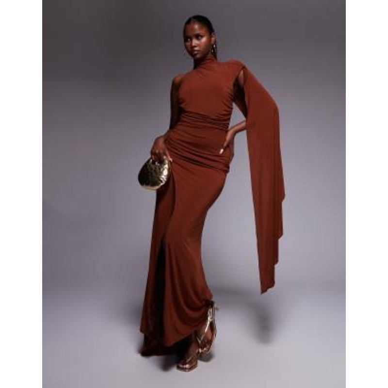 TFNC one shoulder maxi dress with cape back in coffee brown